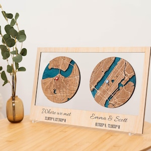 Carte personnalisée 3D en bois de la ville, cadeaux de jeunes mariés, cadeaux d'anniversaire pour couple, carte de localisation de fiançailles, cadeau de 5e anniversaire, cadeau pour nouvel appartement