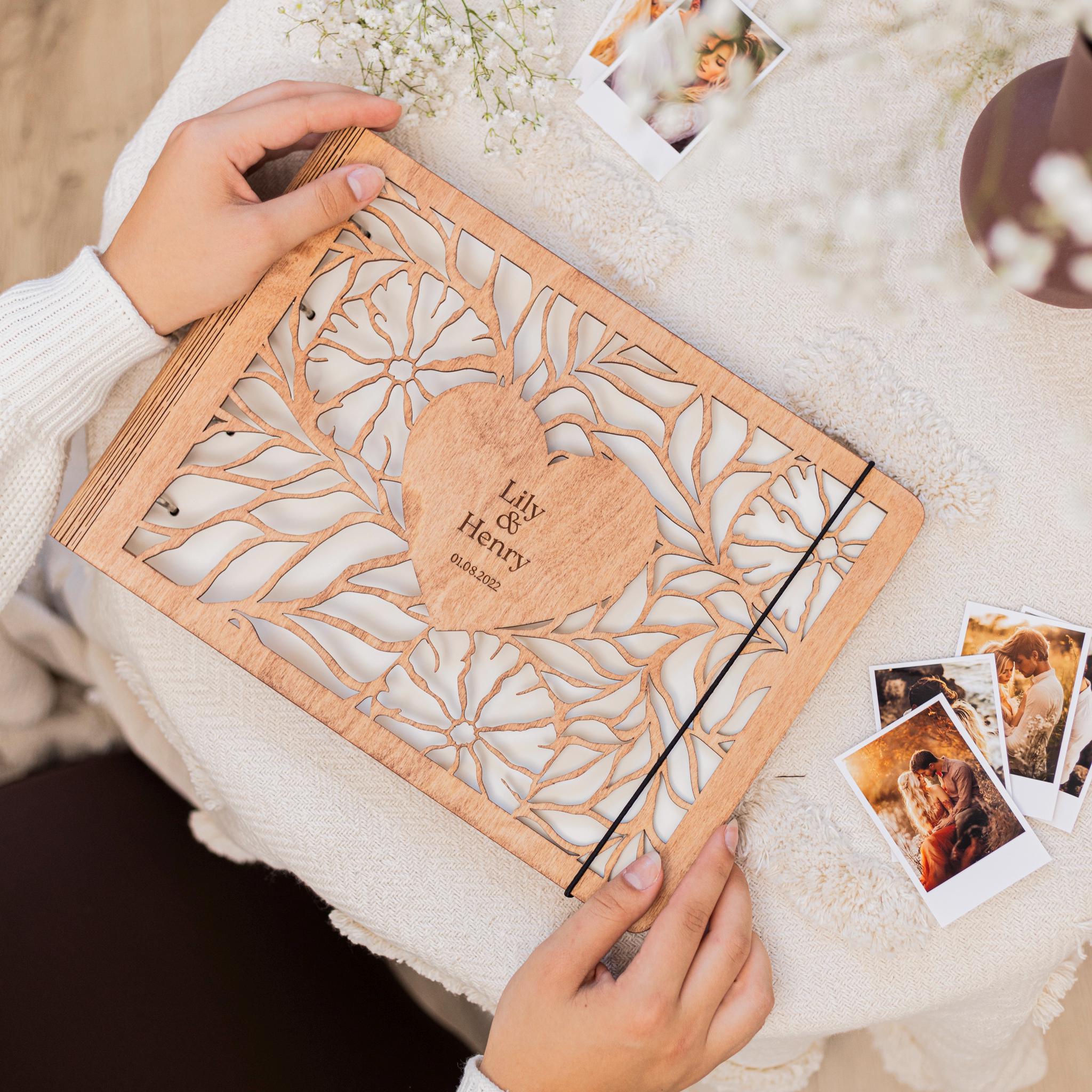 Personalized Gift, Wooden Photo Album Engraved, Scrapbook Album for Her, Custom Family Photo Album Honeymoon, Christmas Gift for Couple