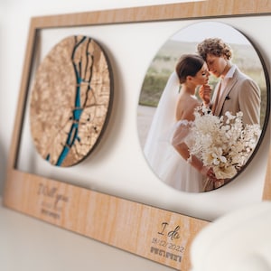 Mapa de tu ciudad, mapa de ubicación de compromiso con foto en madera, regalos para recién casados, regalo de aniversario de bodas, mapa de coordenadas, mapa de coordenadas personalizado