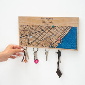 Custom location key holder, wooden key hanger, wall key organizer, 5 year anniversary gifts, key holder for wall, housewarming gift for home