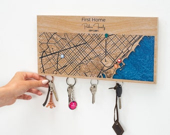 Custom location key holder, wooden key hanger, wall key organizer, 5 year anniversary gifts, key holder for wall, housewarming gift for home