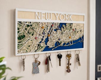 Custom Map Key Holder, Magnetic Wooden Wall Organizer, New Home Gift, Any City & Location