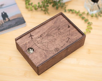 Adventure Memory Box, Wooden Photo Box, Travel Memory Box, Keepsake Box with Photos Travel Gift, Travel Keepsake, Ticket Box, Honeymoon Gift