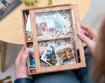May include: A wooden box with a clear lid filled with travel photos. The photos are arranged in a collage style and include images of landscapes, people, and landmarks. The box is a great way to display and store memories from your travels.