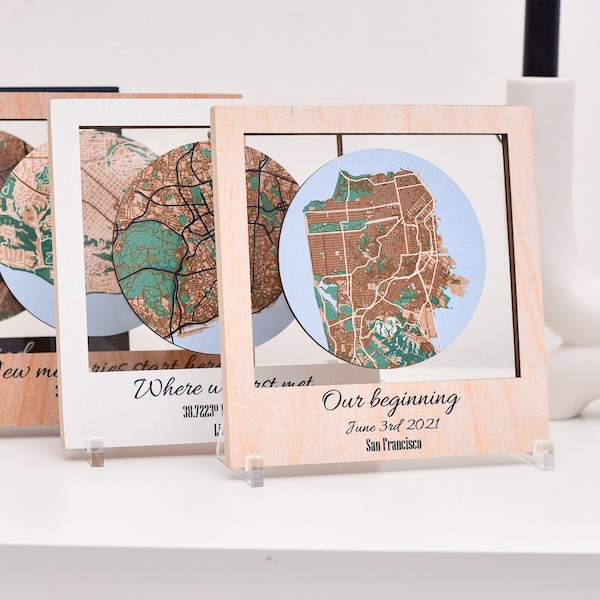 Wooden Map, Location Map, Anniversary Gift for Couple, Wedding Gift, Housewarming Gift, City Map Table Decor, 5th Anniversary Gift, Wood Map