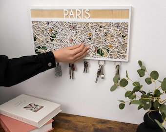 Key Holder for Wall, Custom City Map for Wall, Magnetic Key Hooks, Corridor Wall Decor, Wooden Black Map, Anniversary Gift for Couple
