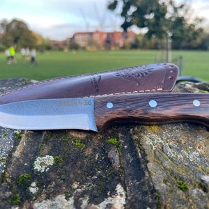 Bohler N690 Steel Camping Tool, Bushcraft Tool, Woodcraft Tool, Leather Sheath, Walnut Handle