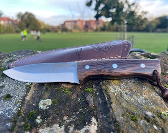 Bohler N690 Steel Camping Knife: Walnut Handle, Leather Sheath
