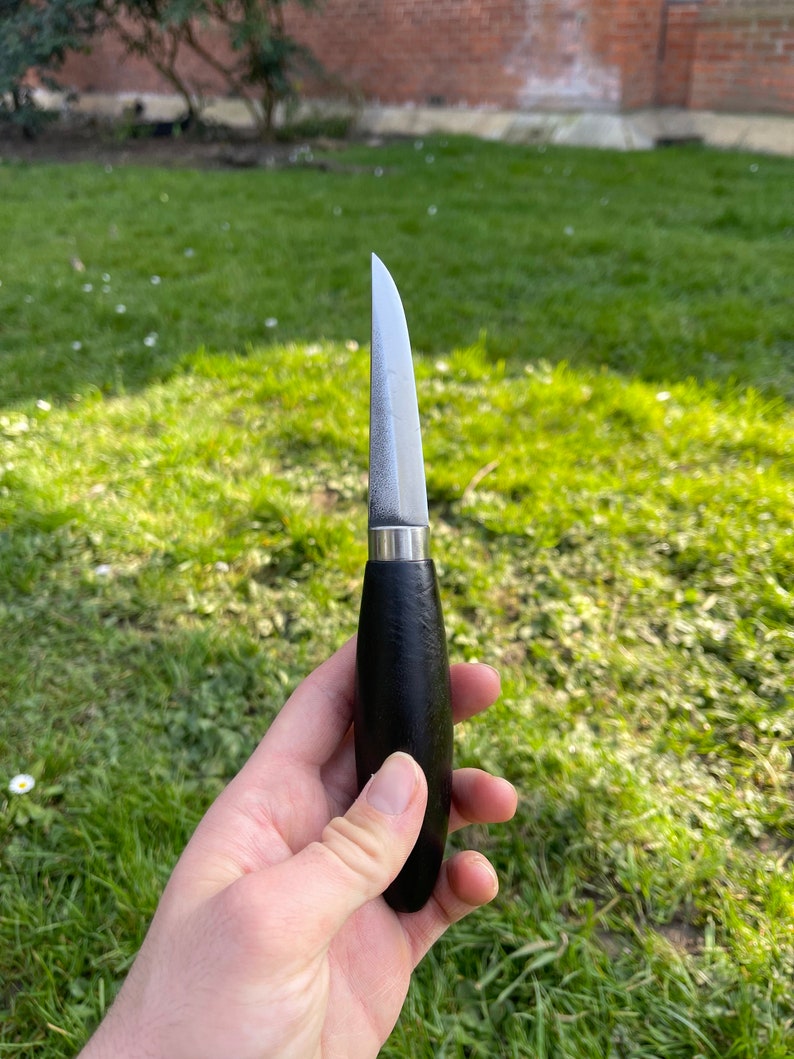 May include: A small, black-handled knife with a silver blade. The knife is held in a hand against a green grassy background.