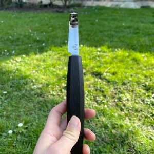 May include: A black handled paring knife with a silver blade. The blade has a small triangle logo on it.