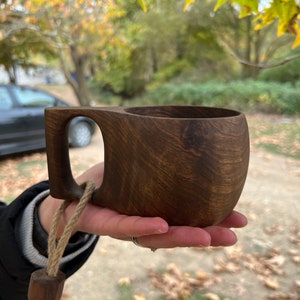 One Wide Holed Handle Hand-carved Traditional Scandinavian Kuksa Cup,Eco-friendly Sustainable Wooden Mug,Portable Camping Cup