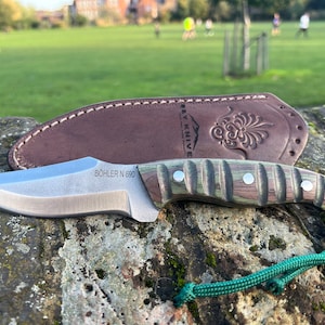 Bohler N690 Steel Camping Tool, Bushcraft Tool, Woodcraft Tool, Leather Sheath, Micarta Handle