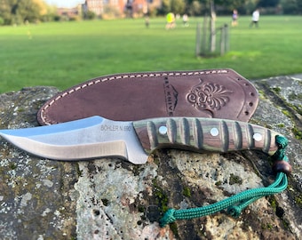 Bohler N690 Steel Camping Knife: Walnut Handle, Leather Sheath