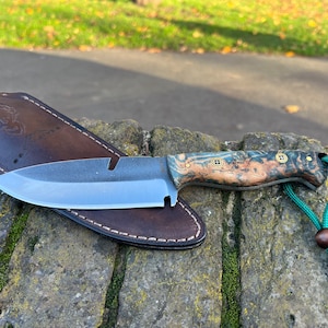 Bohler N690 Steel Camping Tool, Bushcraft Tool, Woodcraft Tool, Leather Sheath, Stabilized Handle