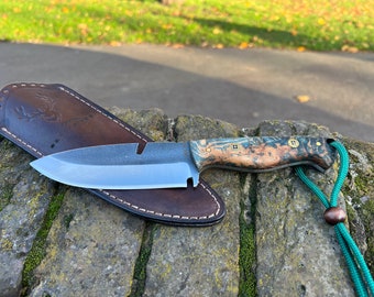 Bohler N690 Steel Camping Knife: Bushcraft Woodcraft Tool, Stabilized Wood Handle, Leather Sheath