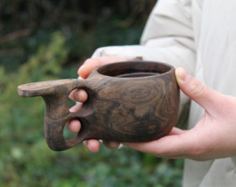 Taza Kuksa tradicional escandinava tallada a mano con asa de doble agujero, taza de madera sostenible y ecológica, taza portátil para acampar.