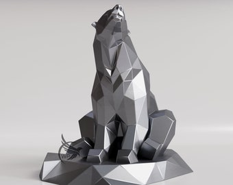 May include: A silver, geometric, low-poly sculpture of a bear sitting on a base. The bear is looking up and has a stylised, abstract design.