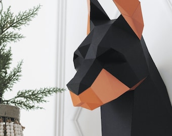 Papperspyssel med dobermanhundhuvud: Låg poly DIY-väggdekoration (PDF-mall)