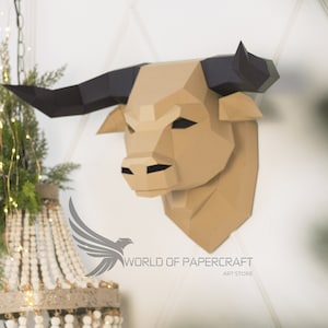 Papercraft Vaca Toro 3D Papel Low Poly Escultura Plantilla PDF DIY Low Poly Bull Trofeo Cabeza Decoración patrón