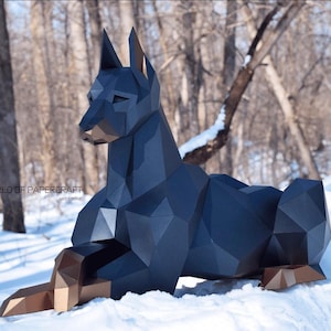 Doberman Low poly Hund Papierhund Dxf Handmade Tier Papierskulptur PDF Vorlage Papercraft 3D Hunde machen aus Papier