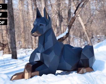 Papercraft Dobermann: Low Poly Hund Skulptur PDF Vorlage (DXF)