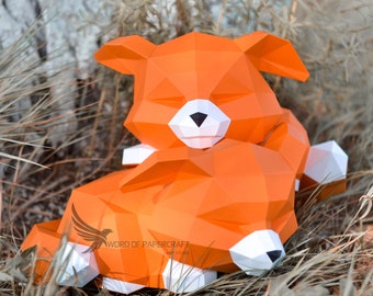 Modèle PDF Papercraft de renards endormis : sculpture DIY de Pepakura