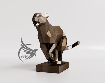 May include: A bronze-coloured, geometric, stylised sculpture of a cat running. The sculpture is on a square base.