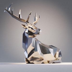 Puede incluir: Una escultura de ciervo geométrico de plata con un diseño de bajo polígono. El ciervo está sentado con la cabeza girada hacia un lado y las astas levantadas.