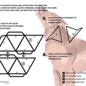 Puede incluir: Un diagrama en blanco y negro que muestra c&oacute;mo doblar un lobo de papel. El diagrama muestra las partes numeradas del lobo y c&oacute;mo doblarlas. El diagrama tambi&eacute;n incluye instrucciones sobre c&oacute;mo aplicar pegamento al papel.