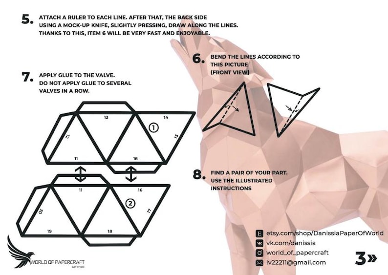Puede incluir: Un diagrama en blanco y negro que muestra c&oacute;mo doblar un lobo de papel. El diagrama muestra las partes numeradas del lobo y c&oacute;mo doblarlas. El diagrama tambi&eacute;n incluye instrucciones sobre c&oacute;mo aplicar pegamento al papel.