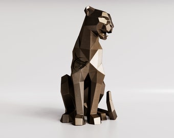 May include: A bronze-coloured, geometric, low-poly sculpture of a panther sitting with its tail curled. The sculpture has a logo on its side that says "WPR".