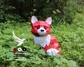 Modèle PDF Papercraft de renard, sculpture de renard en papier Low Poly, cadeau bricolage, décoration murale, motif Pepakura, fichiers Dxf Svg faits main