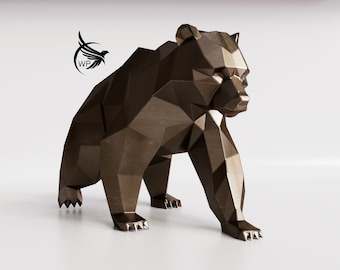 May include: A brown, geometric bear sculpture made of metal. The bear is standing on all fours and has a realistic appearance.