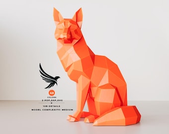 May include: A 3D papercraft model of a fox, made of orange paper. The model is sitting on a white surface. The model has 43 colors and 109 details. The model complexity is medium.