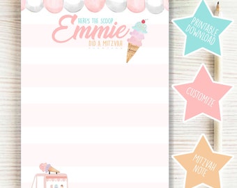 Mitzvah Note | Personalized Mitzvah Note | Customizable Name Notepad | Girl Option | Ice Cream