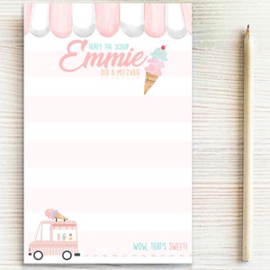 May include: Pink and white striped card with an ice cream cone and the text "Here's the scoop Emme did a mitzvah".  The bottom of the card has a pink ice cream truck with the text "Wow. That's sweet!"