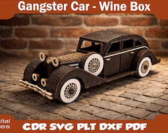 Laser cut vector plans, Wine box, Wood box, Gift box, Wine holder, Laser cut, Digital files for laser cut, Gangster, Mafia car model.
