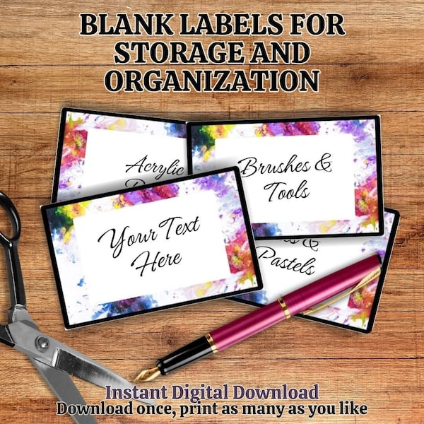 Printable blank organization labels for storage bins, baskets, pantry, laundry, closets, kitchen colorful Paint Splatter Container Labels.