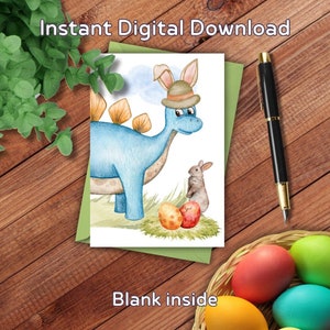 Tarjeta de Pascua de Dinosaurio, Imprimible, Felices Pascuas, Acuarela, Tarjeta de Felicitación 5x7, Para Ella, Amigos, Compañeros de Trabajo, Abuela, Madre