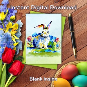 Conejito en tarjeta de Pascua azul, imprimible, feliz Pascua, acuarela, tarjeta de felicitación 5x7, para ella, amigos, compañeros de trabajo, abuela, madre, Ostara