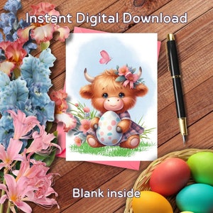 Linda tarjeta de Pascua de vaca de las tierras altas, imprimible, feliz Pascua, acuarela, tarjeta de felicitación 5x7, para ella, amigos, compañeros de trabajo, abuela, madre