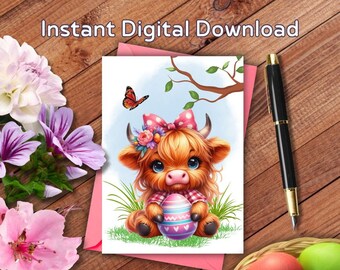 Cute Highland Cow Easter Card, Printable, Happy Easter, Watercolor, 5x7 Greeting Card, For Her, Friends, Co-workers, Grandmother, Mother