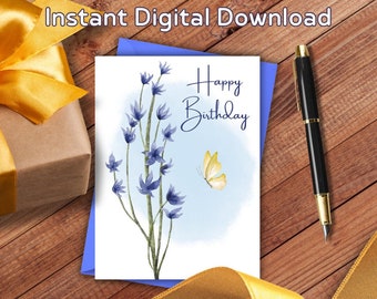 Blue Wildflower Birthday Card, Printable, Happy Birthday, Watercolor, 5x7 Greeting Card, For Her, Mother, Sister, Daughter, Wife, Grandma