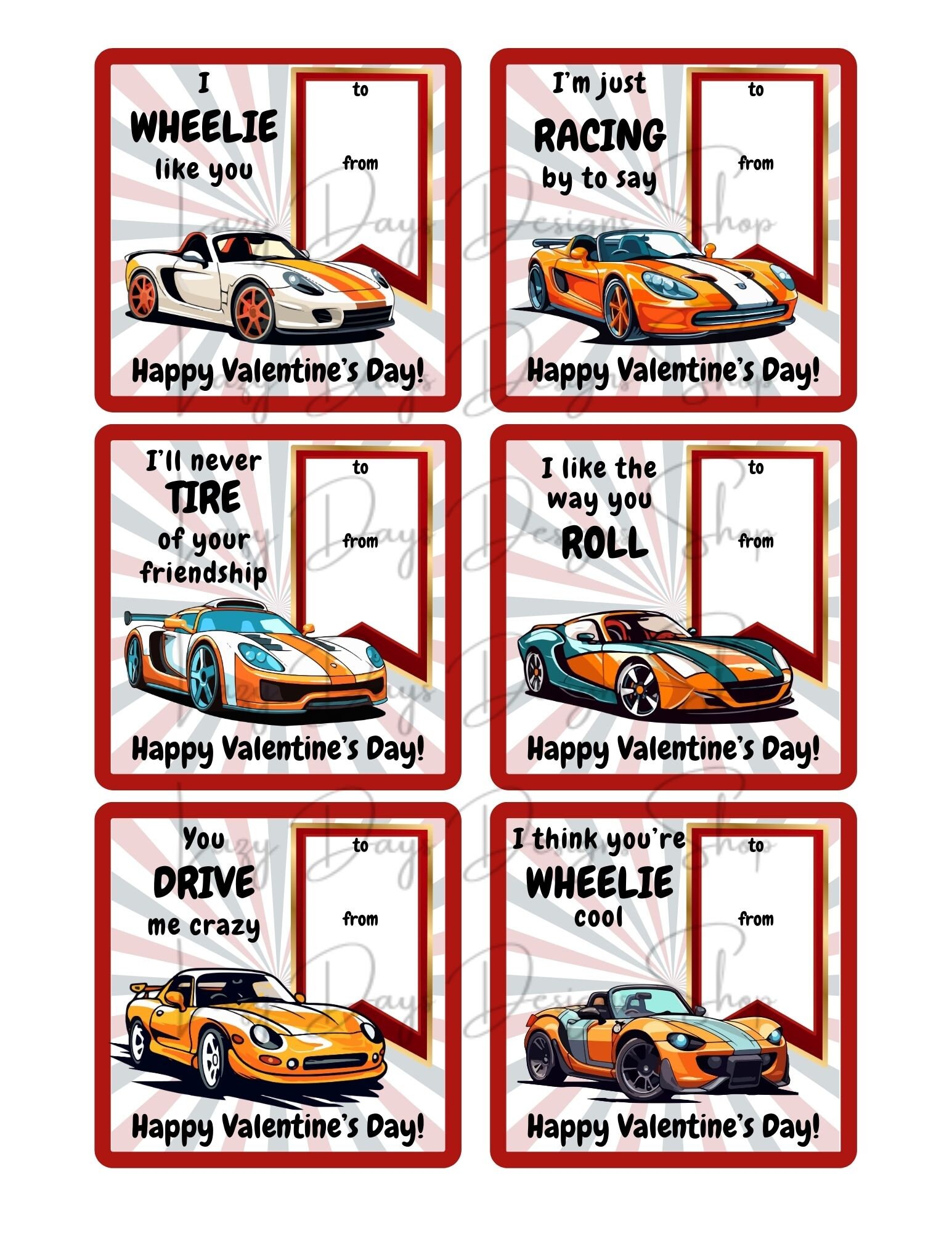 Race Car Valentines for Kids - Classroom, Teacher, Instant Digital ...