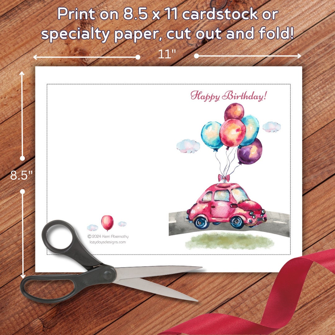 Balloon Car Birthday Card, Printable, Happy Birthday, Watercolor, 5x7 ...