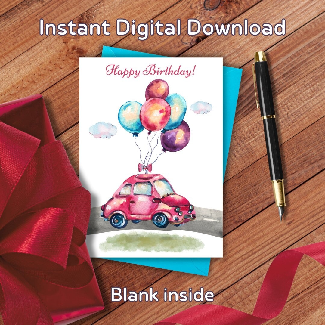 Balloon Car Birthday Card, Printable, Happy Birthday, Watercolor, 5x7 ...