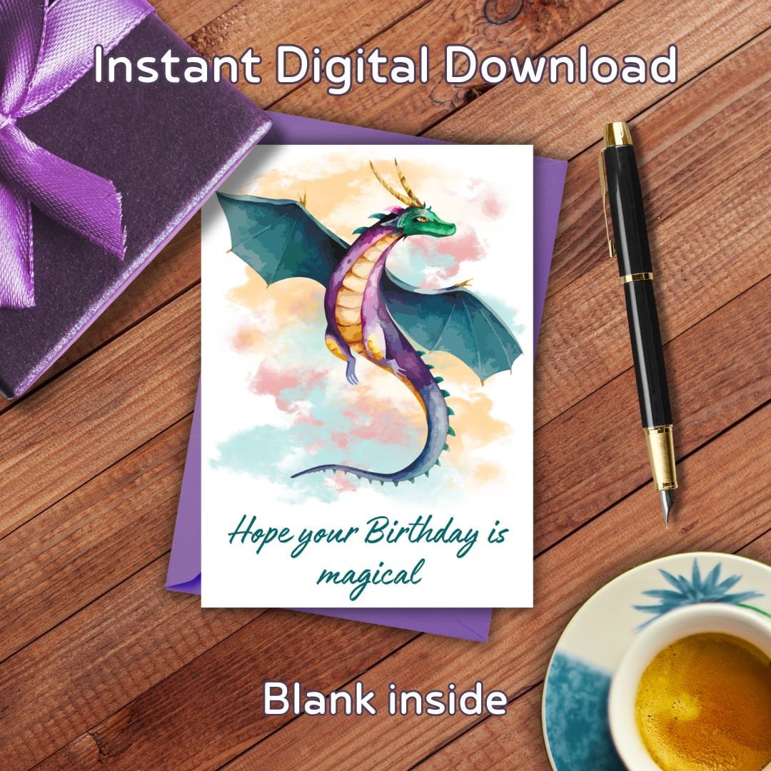 Magical Dragon Birthday Card, Printable, Happy Birthday, Watercolor ...