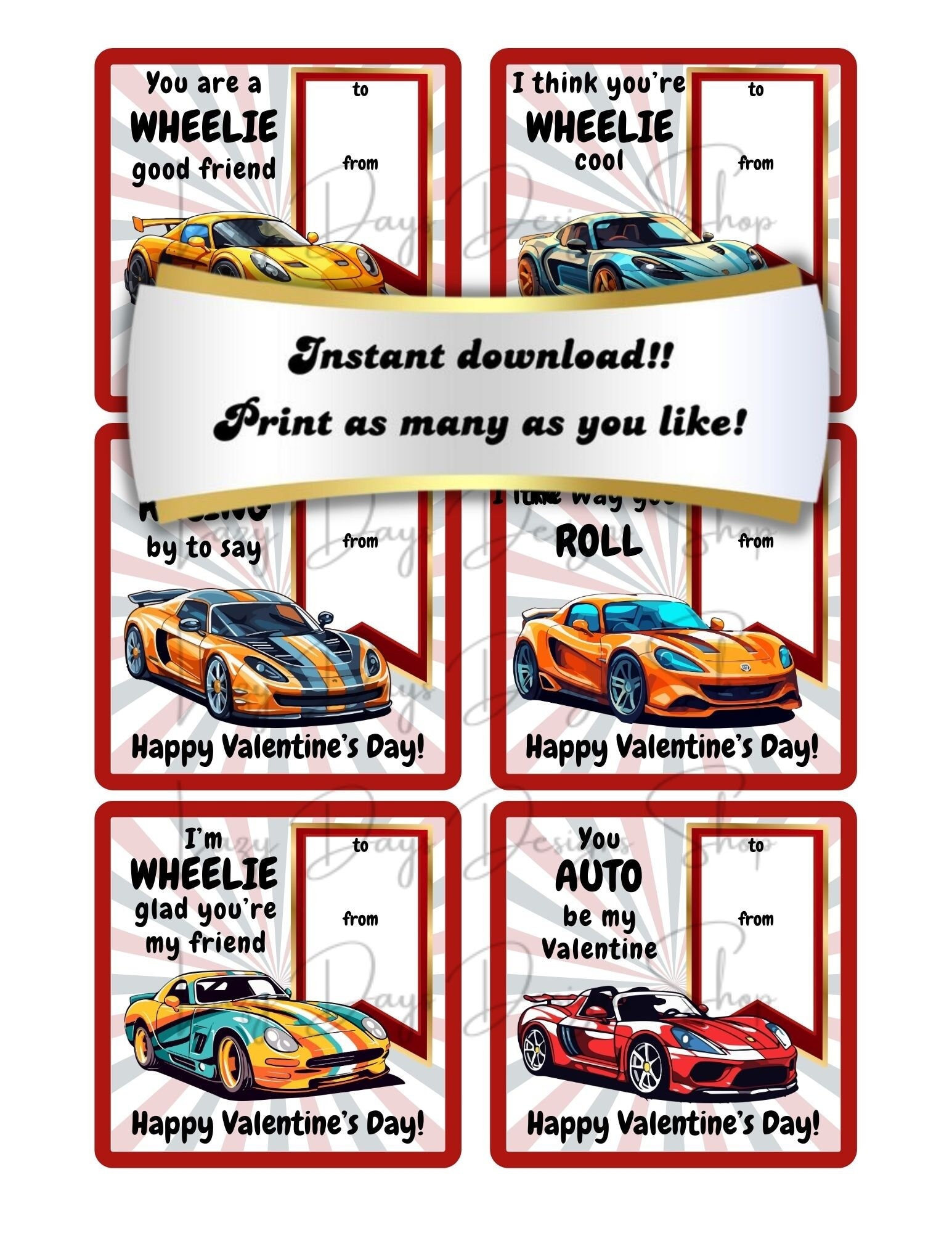 Race Car Valentines for Kids - Classroom, Teacher, Instant Digital ...