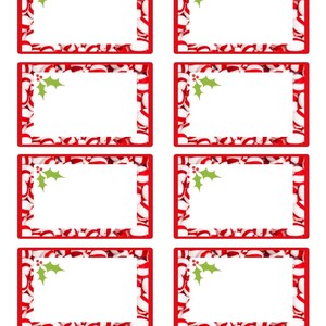 May include: Eight printable gift tags featuring a red and white candy cane pattern with a green holly sprig in the corner. The tags are blank for writing names or messages.