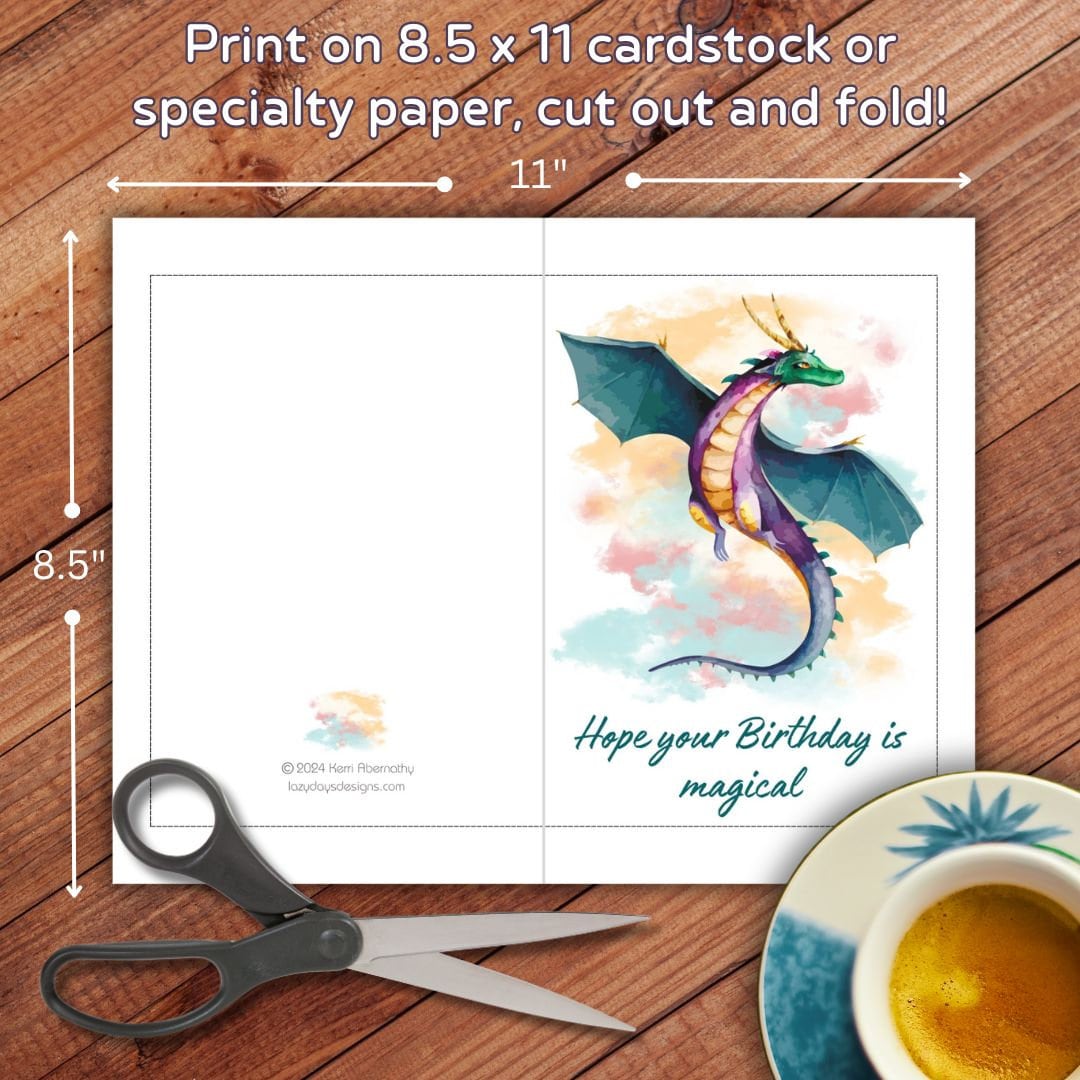 Magical Dragon Birthday Card, Printable, Happy Birthday, Watercolor ...
